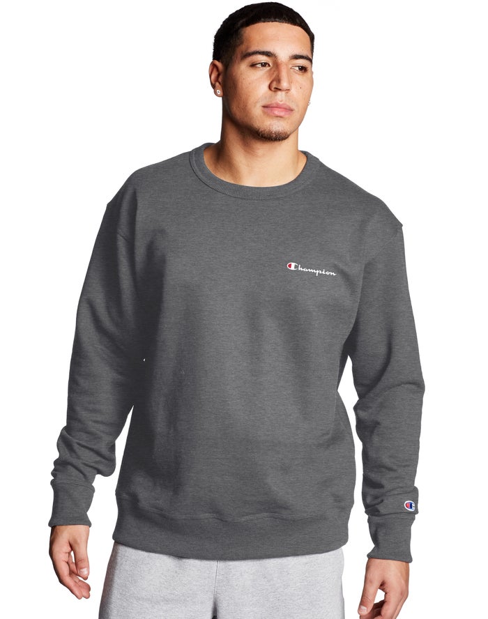 Champion Powerblend Fleece Crew Script Logo - Miesten TummanHarmaat Collegepaita - Suomi 9061283-NR